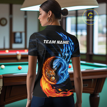 Female model wearing Dragon Tiger billiard polo, water & fire billiard, custom team apparel.