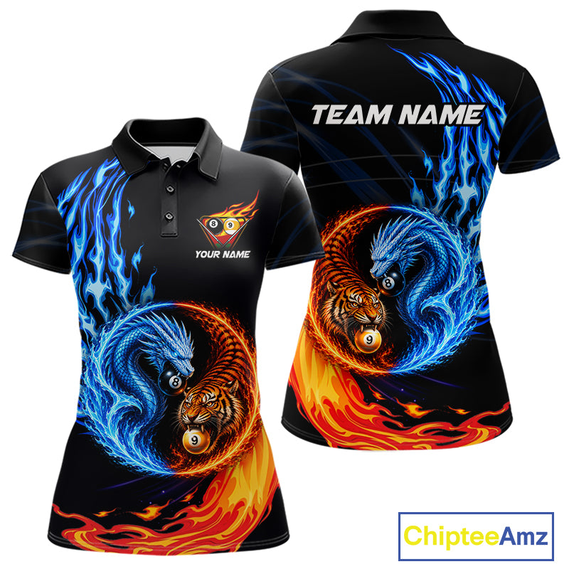 Dragon 8 Ball Tiger 9 Ball Women's Billiard Polo, Blue Red Flame Pool Team Jersey, Personalized Cue Sports Apparel