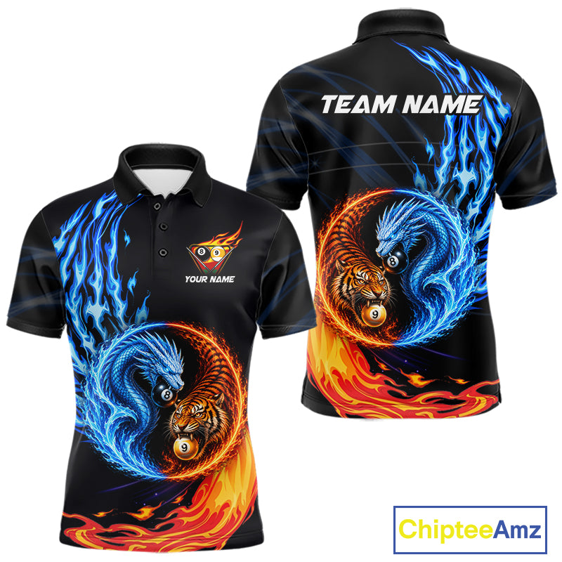 Dragon 8 Ball Tiger 9 Ball Men's Billiard Polo, Water Fire Pool League Jersey