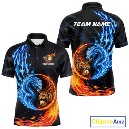 Dragon 8 Ball Tiger 9 Ball Men's Billiard Polo, Water Fire Pool League Jersey