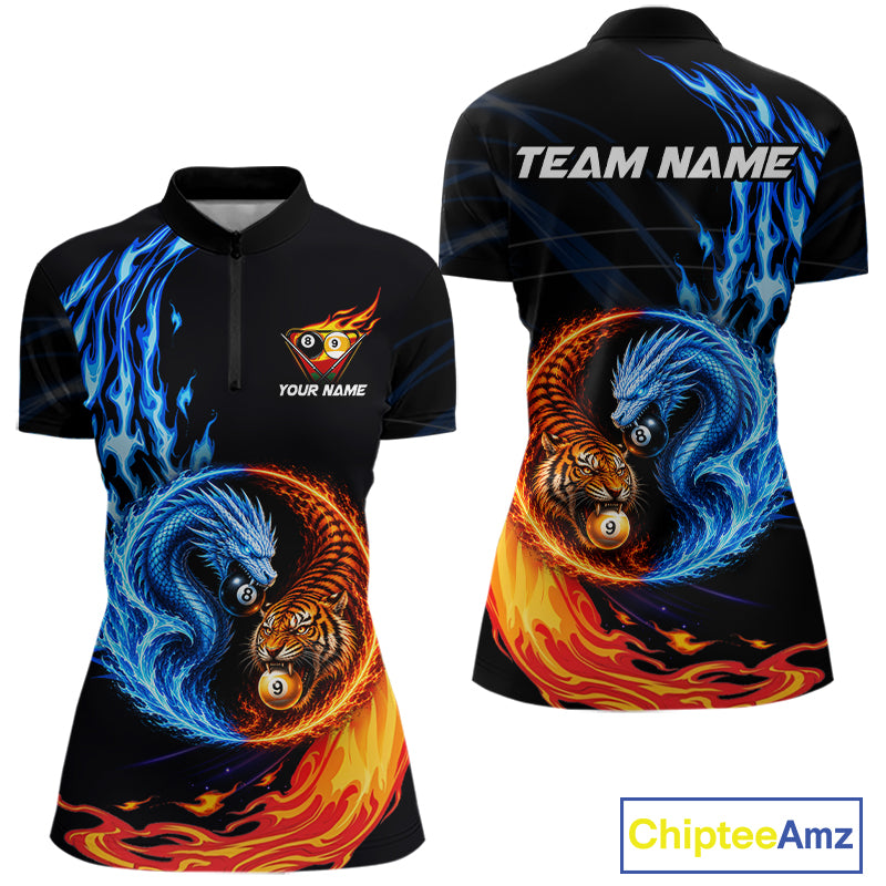 Dragon Tiger Women's Quarter-Zip Billiard Shirt, Blue Red Flame Tournament Jersey