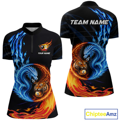 Dragon Tiger Women's Quarter-Zip Billiard Shirt, Blue Red Flame Tournament Jersey