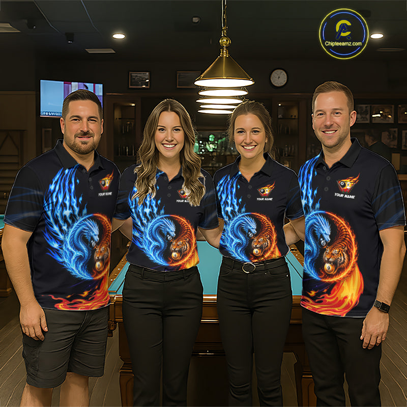 Pool team wearing Dragon Tiger billiard jerseys, yin-yang balance, billiard pool team shirts.