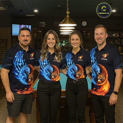 Pool team wearing Dragon Tiger billiard jerseys, yin-yang balance, billiard pool team shirts.