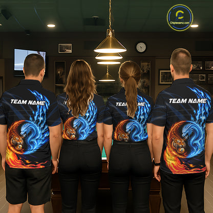 Pool team wearing Dragon Tiger billiard jerseys, yin-yang balance, billiard pool team shirts.