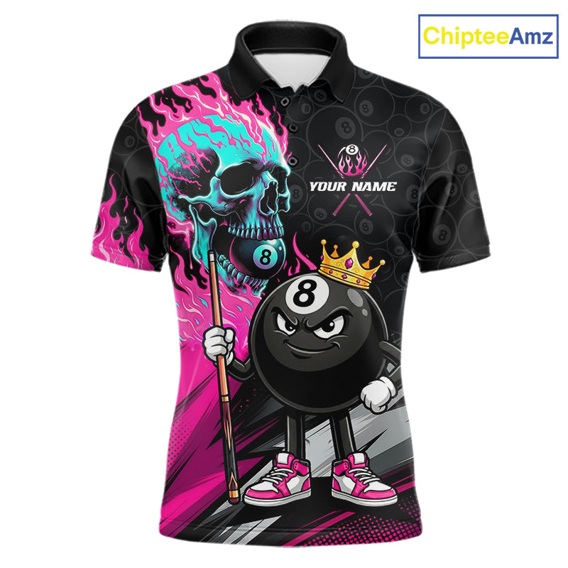 Pink Flame 8 Ball Men's Billiard Polo, Turquoise Skull League Jersey