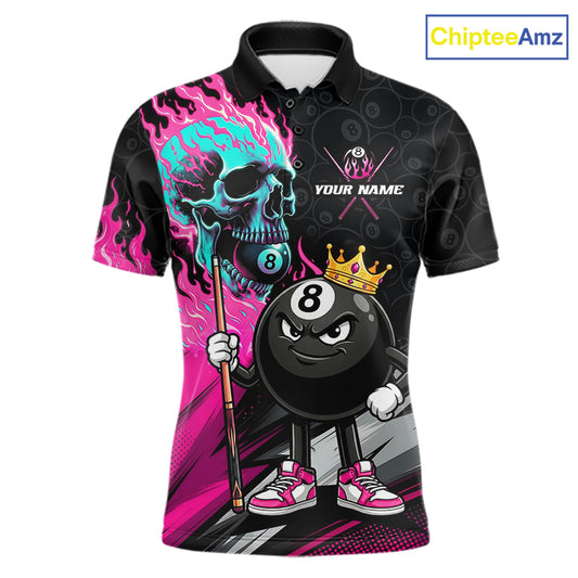 Pink Flame 8 Ball Men's Billiard Polo, Turquoise Skull League Jersey