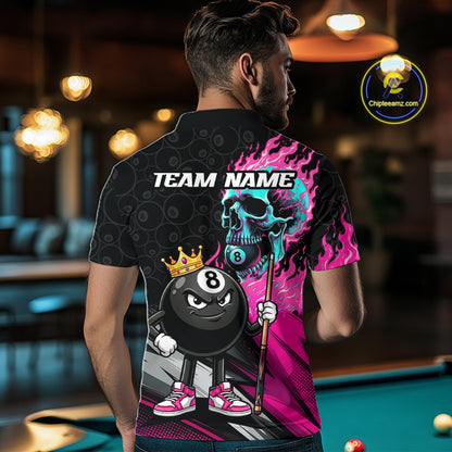 Male model wearing Pink Flame Skull billiard jersey, custom billiard team apparel, alternative sportswear