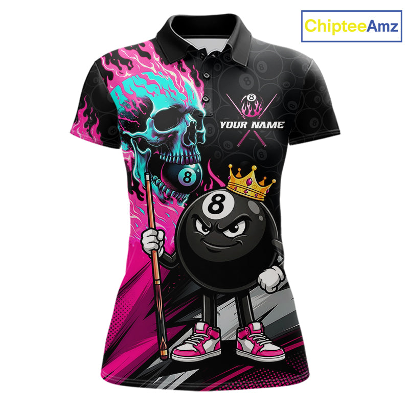 Pink Flame 8 Ball Women's Billiard Polo, Turquoise Skull Pool Team Jersey, Personalized Funny Cue Sports Apparel