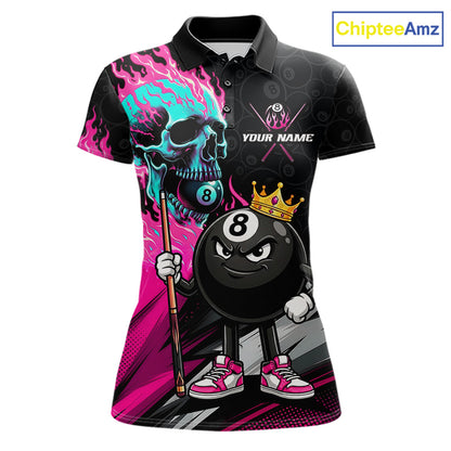Pink Flame 8 Ball Women's Billiard Polo, Turquoise Skull Pool Team Jersey, Personalized Funny Cue Sports Apparel