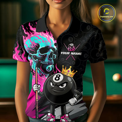 Female model wearing Pink Flame Skull billiard polo, bold gothic cue sports fashion, personalized tournament jersey