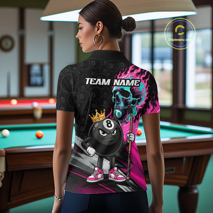 Female model wearing Pink Flame Skull billiard polo, bold gothic cue sports fashion, personalized tournament jersey