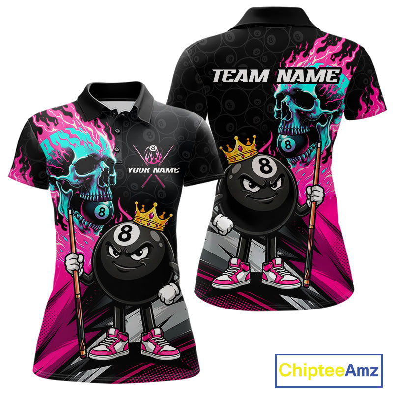 Pink Flame 8 Ball Women's Billiard Polo, Turquoise Skull Pool Team Jersey, Personalized Funny Cue Sports Apparel