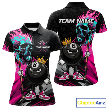 Pink Flame 8 Ball Women's Billiard Polo, Turquoise Skull Pool Team Jersey, Personalized Funny Cue Sports Apparel