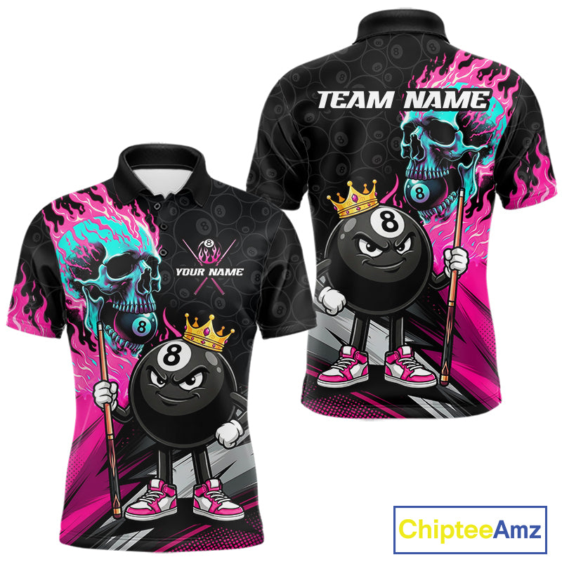 Pink Flame 8 Ball Men's Billiard Polo, Turquoise Skull League Jersey