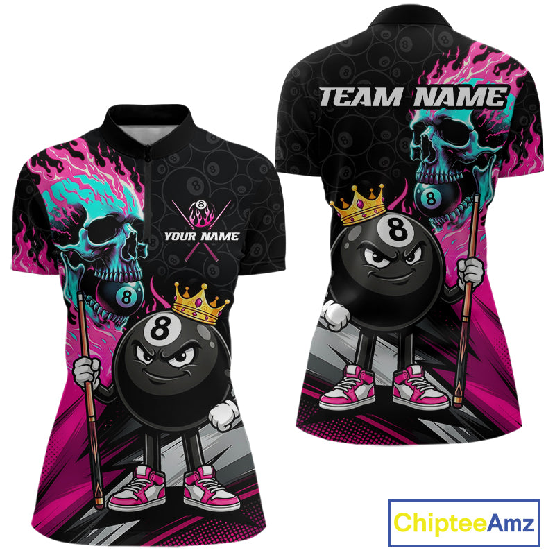Pink Flame Women's Quarter-Zip Pool Shirt, Skull Tournament Jersey