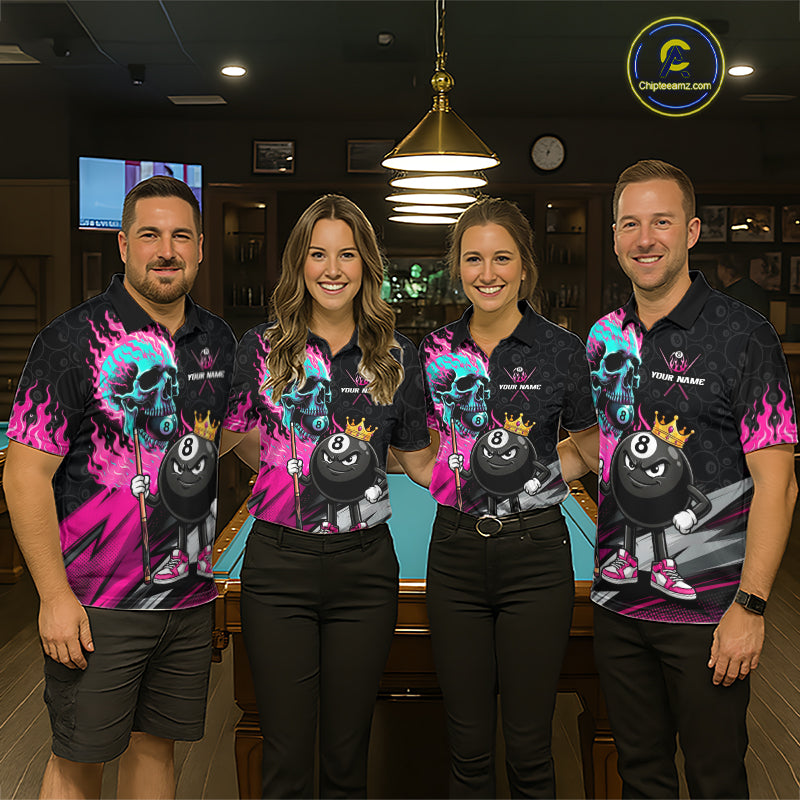 Pool team wearing Pink Flame Skull billiard jerseys, Halloween, gothic style