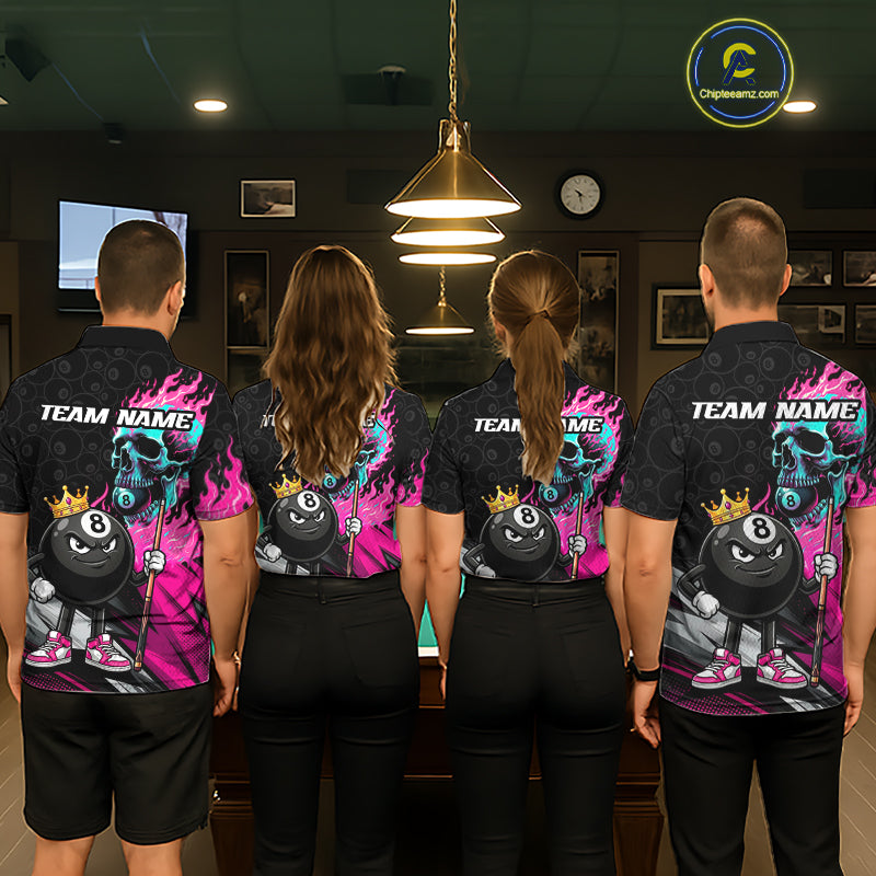 Pool team wearing Pink Flame Skull billiard jerseys, Halloween, gothic style