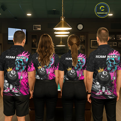 Pool team wearing Pink Flame Skull billiard jerseys, Halloween, gothic style
