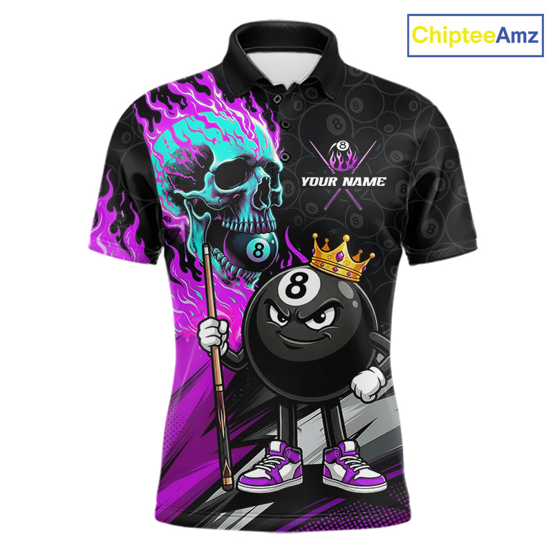 Purple Flame 8 Ball Men's Billiard Polo, Turquoise Skull Pool League Jersey