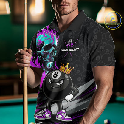 Male model wearing Purple Flame Skull pool jersey, competitive billiards league uniform