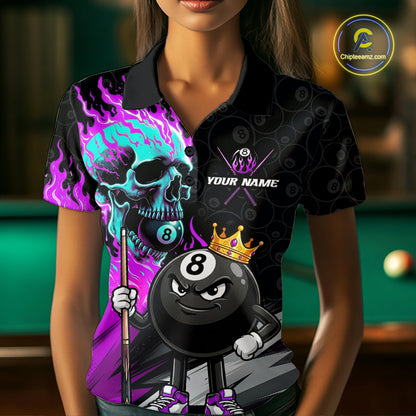 Female model wearing Purple Flame Skull billiard polo, fearless cue sports athlete, custom tournament apparel