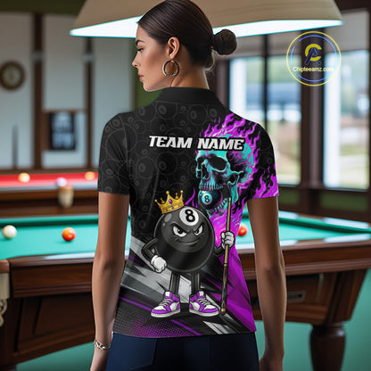 Female model wearing Purple Flame Skull billiard polo, fearless cue sports athlete, custom tournament apparel