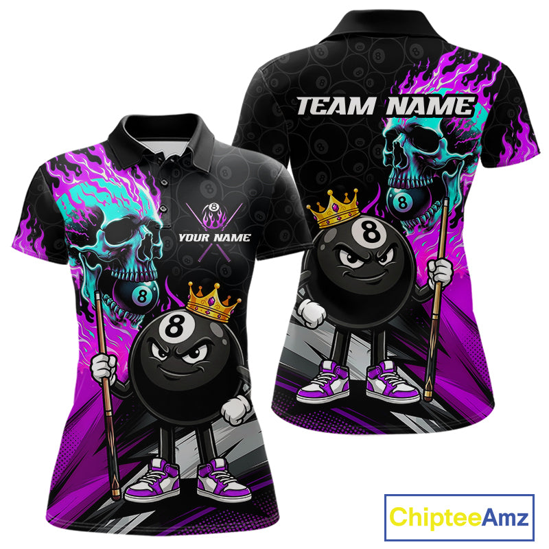 Purple Flame 8 Ball Women's Billiard Polo, Turquoise Skull Pool Team Jersey, Personalized Gothic Cue Sports Apparel