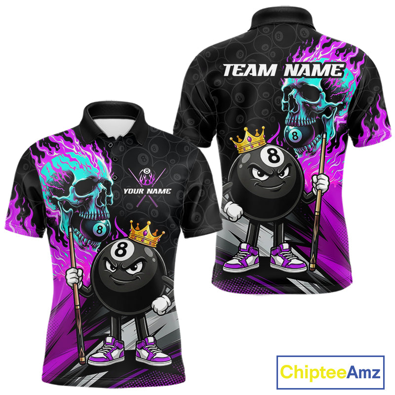 Purple Flame 8 Ball Men's Billiard Polo, Turquoise Skull Pool League Jersey