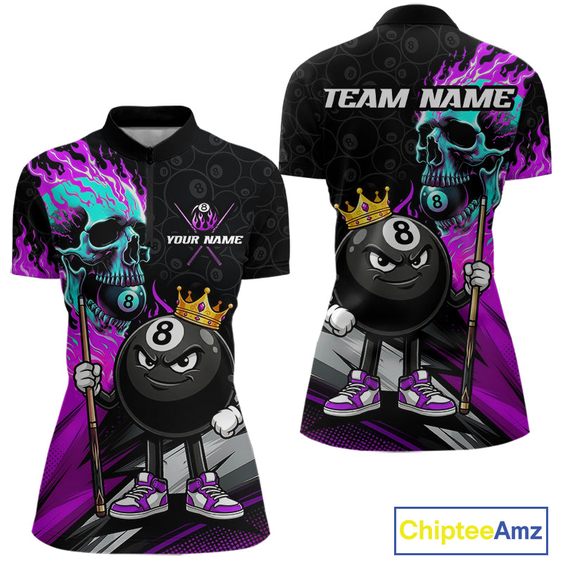 Purple Flame Women's Quarter-Zip Pool Shirt, Personalized Skull Tournament Jersey