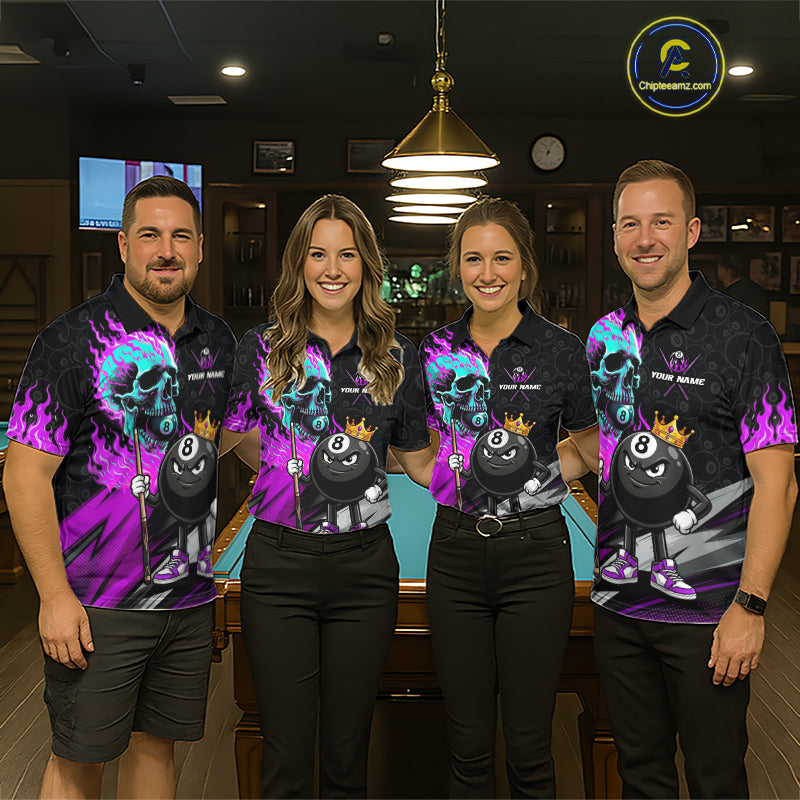 Team wearing Purple Flame Skull billiard jerseys, resilience, determination, Halloween, gothic fashion,