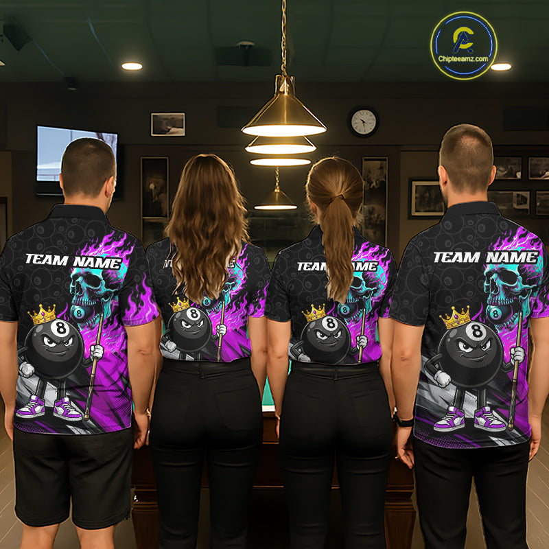 Team wearing Purple Flame Skull billiard jerseys, resilience, determination, Halloween, gothic fashion,