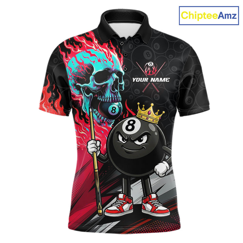 Red Flame 8 Ball Men's Billiard Polo, Skull Pool Tournament Jersey