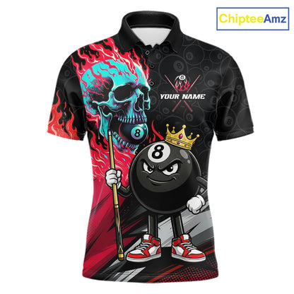 Red Flame 8 Ball Men's Billiard Polo, Skull Pool Tournament Jersey