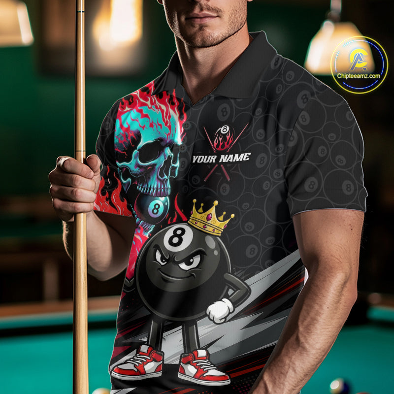 Male model wearing Red Flame Skull billiard jersey, billiard league athlete, personalized cue sports apparel