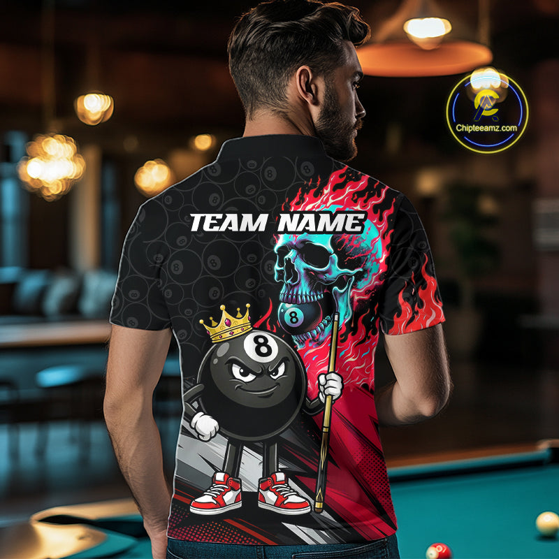 Male model wearing Red Flame Skull billiard jersey, billiard league athlete, personalized cue sports apparel