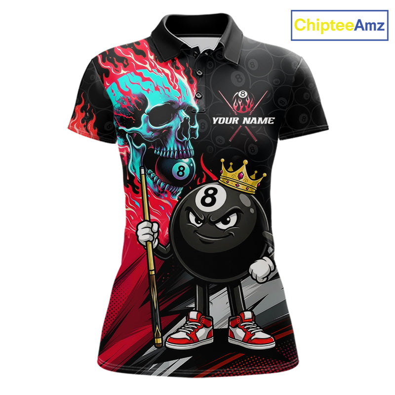Red Flame 8 Ball Women's Billiard Polo, Turquoise Skull Pool Team Jersey, Personalized League Apparel