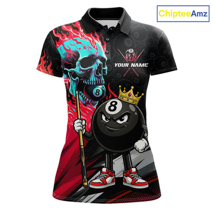 Red Flame 8 Ball Women's Billiard Polo, Turquoise Skull Pool Team Jersey, Personalized League Apparel