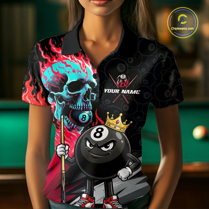Female model wearing Red Flame Skull billiard polo, custom sportswear, tournament player