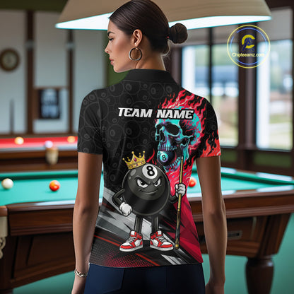 Female model wearing Red Flame Skull billiard polo, custom sportswear, tournament player