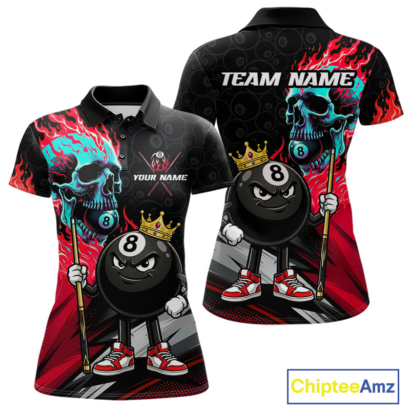 Red Flame 8 Ball Women's Billiard Polo, Turquoise Skull Pool Team Jersey, Personalized League Apparel