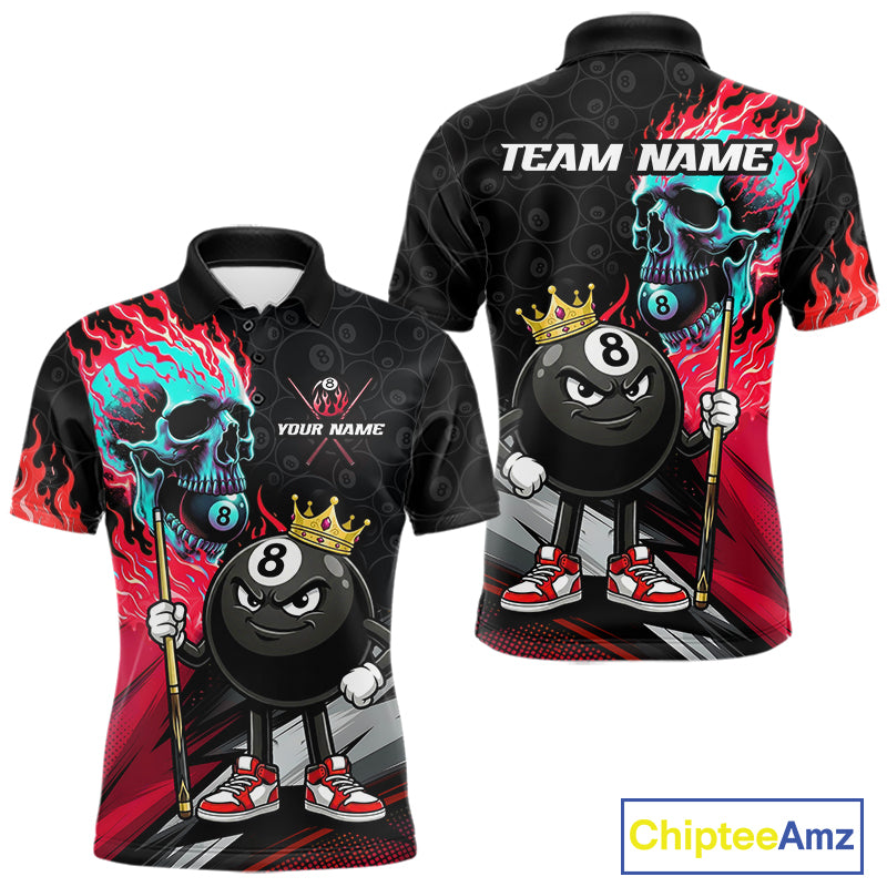 Red Flame 8 Ball Men's Billiard Polo, Skull Pool Tournament Jersey