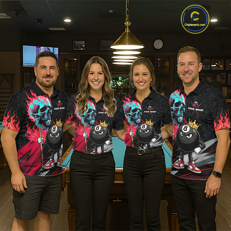 Pool team wearing Red Flame Skull billiard jerseys, championship, power