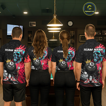 Pool team wearing Red Flame Skull billiard jerseys, championship, power