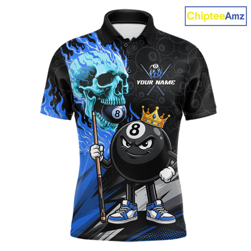 Blue Flame 8 Ball Men's Billiard Polo, Turquoise Skull Pool Team Jersey