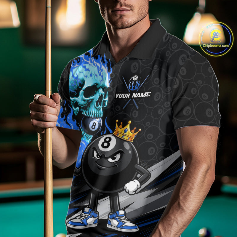 Male model wearing Blue Flame Skull billiard jersey, professional cue sports athlete, personalized tournament uniform