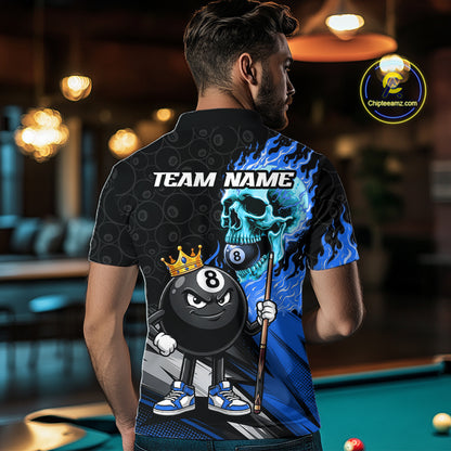 Male model wearing Blue Flame Skull billiard jersey, professional cue sports athlete, personalized tournament uniform