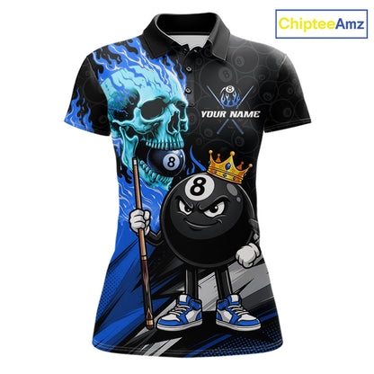 Blue Flame 8 Ball Women's Billiard Polo, Turquoise Skull Pool Team Jersey, Personalized Professional Cue Sports Apparel