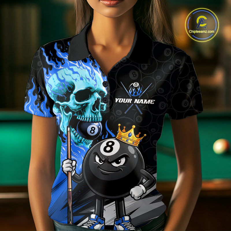 Female model wearing Blue Flame Skull billiard polo during league competition, precision, confidence, custom team apparel