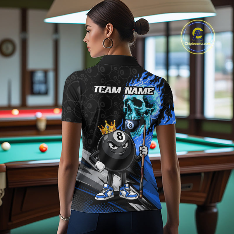 Female model wearing Blue Flame Skull billiard polo during league competition, precision, confidence, custom team apparel